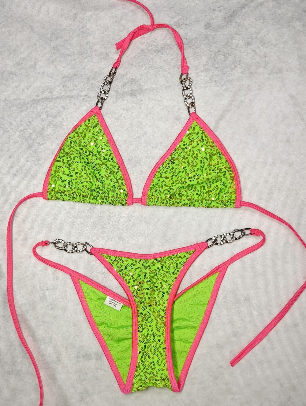 Water Babies Bikini Posing Competition Suit Neon Green Pink Sequins Small